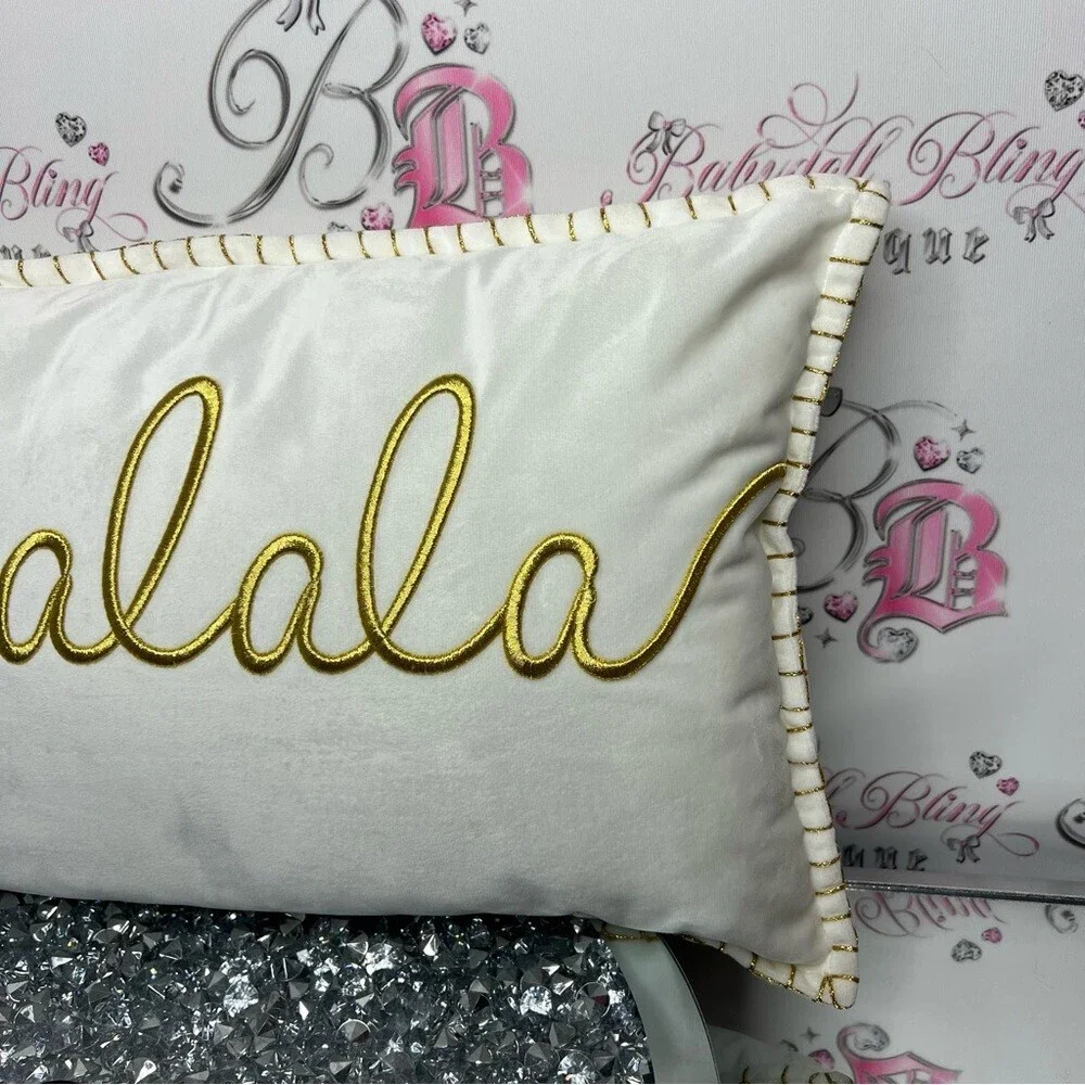 Falalala pillow Christmas decor white gold shimmer embroidered XMAS holidays